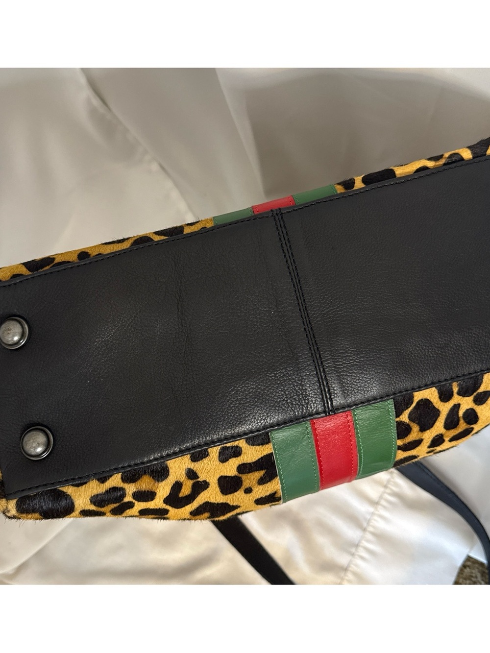 Parker & Hyde Leopard Print Haircalf Tote Bag Green & Red Stripe - Picture 5 of 6